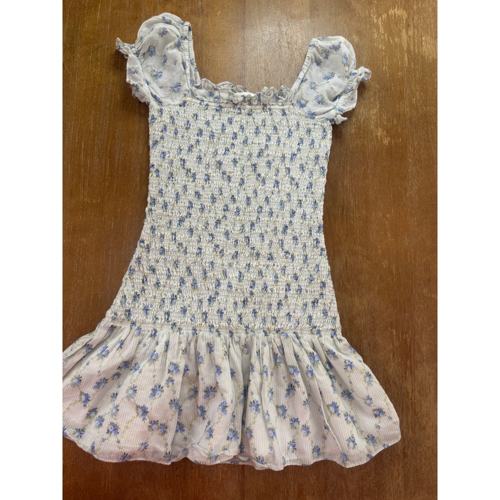 LoveShackFancy Girls Blue White Floral Smocked Puff Sleeve Cotton Dress 7-8Y